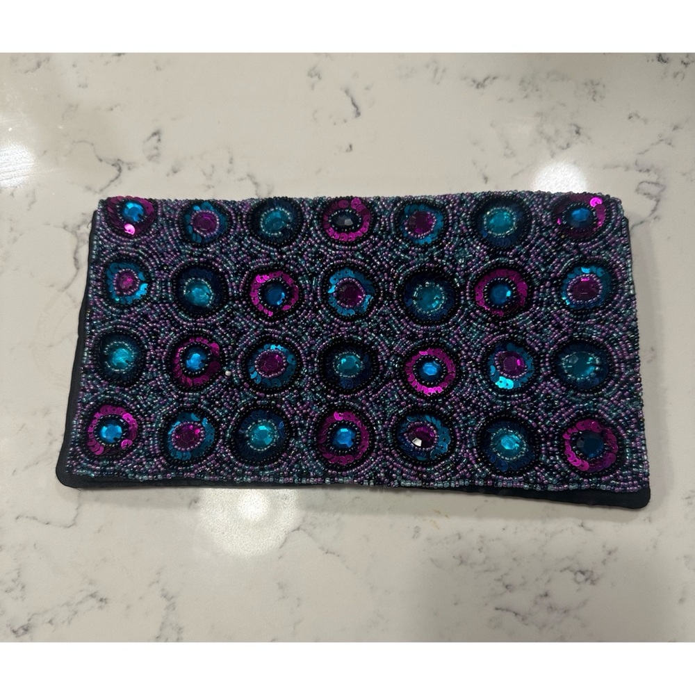 Charming Charlie Sequin & Beaded Satin Clutch, Magnetic Snap Flap Closure
